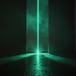 an illuminated doorway in a dark green room