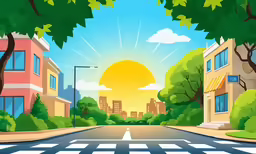 a city with trees and buildings on the background of sunset