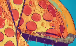 a painting of a slice of pizza on a blue background
