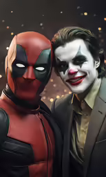 a close up of two people dressed as deadpool and batman