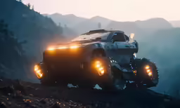 a car with lights in its driving on the rocks