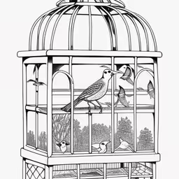 a drawing of birds in a birdcage,a bird sitting in the top part of a small cage