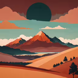 a stylized mountain scene has clouds and trees,painting of mountain peaks in the distance with red clouds