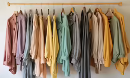 shirts hanging up next to each other on a rail