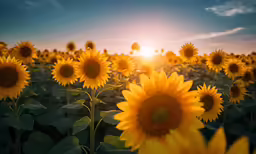 sunflowers, and the setting sun, on a blue sky background