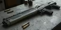 a rifle sits on the table with bullet casings