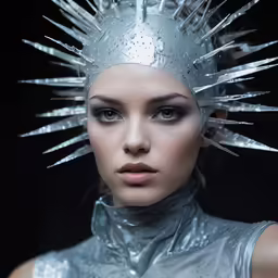 a woman wearing metallic clothing with spiked spikes on it