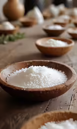various bowls of sugar sitting on a wooden table