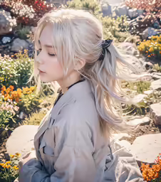the young woman is sitting on a rock looking over her shoulder