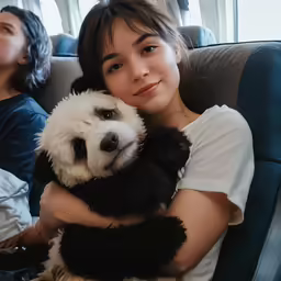 a woman sitting on a couch holding a panda bear