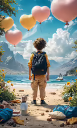 a young boy with a backpack standing on a beach near mountains
