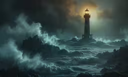 a lighthouse stands in a stormy ocean with waves