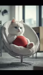 a white cat sitting in a white chair with red ball