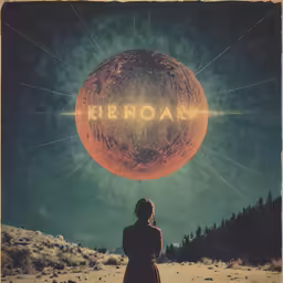 a woman holding the word kerbran in front of a planet with a tree line in the background