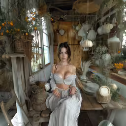 a woman sits on a rustic bench in a room with various decorations,a woman in an off the shoulder top and dress sitting on a table