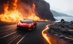 a red sports car driving down a road