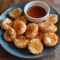 bready bites with honey are served with dipping sauce