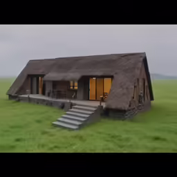 two brown buildings in a field with stairs leading up