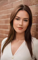 a beautiful woman standing in front of a brick wall
