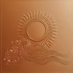 a golden background with a decorative pattern of waves and a circular sun