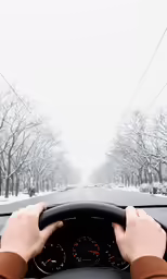 the person is driving a car in the winter
