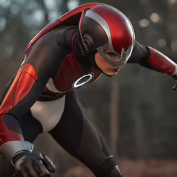 the female superhero in black and red uniform