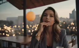a beautiful woman sitting at a table with a drink in front of her