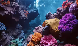 a man who is standing next to a rock with seaweed