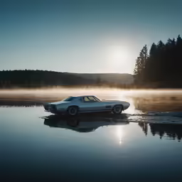 a car is parked on the shore with a lot of water