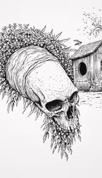 a drawing of a skull with flowers coming out from its head