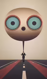 a man holding a long stick with a large face