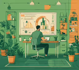 the art director is working on his office drawings,man at desk working on computer in room with plants
