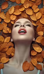 a lady that is laying down in leaves