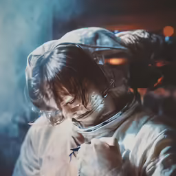 a man in a space suit holding something in his hand