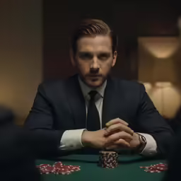 a man in suit and tie sitting at a table with poker chips