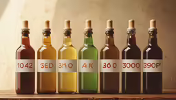 five bottles of wine are lined up in front of a concrete wall