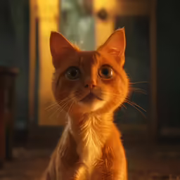 the cat looks intensely at the camera in the shadows