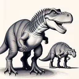 two dinosaurs are shown side by side with each other,a drawing of an adult and young tyloptmus,a t - shirt that looks like it has an alligator on it,a couple of dinosaurs with some very big ones,three dinosaurs standing next to each other in a drawing