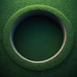 a round, grass field is made to look like it has a hole in the center