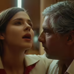 an old man and a young woman are looking at each other