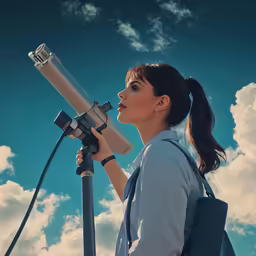 a woman looks up to the sky through a telescope