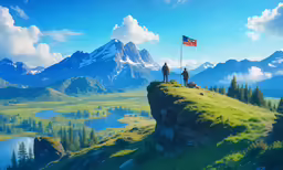 two people overlooking the mountains with an american flag on top