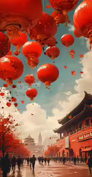 a chinese town with red lanterns floating in the air