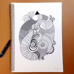 a spiral notebook and pen laying next to a drawing,there is an image of a spiral doodling