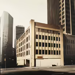 an industrial building in a city near skyscrapers