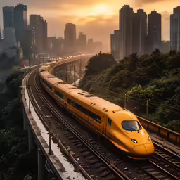 yellow commuter train traveling on track through large city