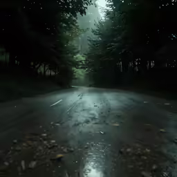 the view down an empty street in the woods at night