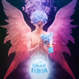 an angel with a blue box and blue hair