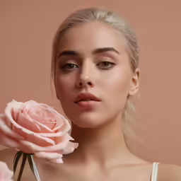a woman holding a flower with one hand