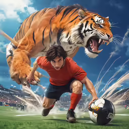 the young man is playing soccer with a tiger